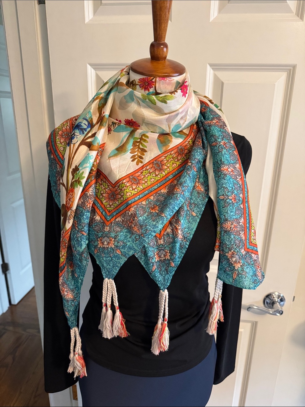 Johnny Was Teal, Ivory, Orange & Pink Floral Tassel Triangle Scarf
